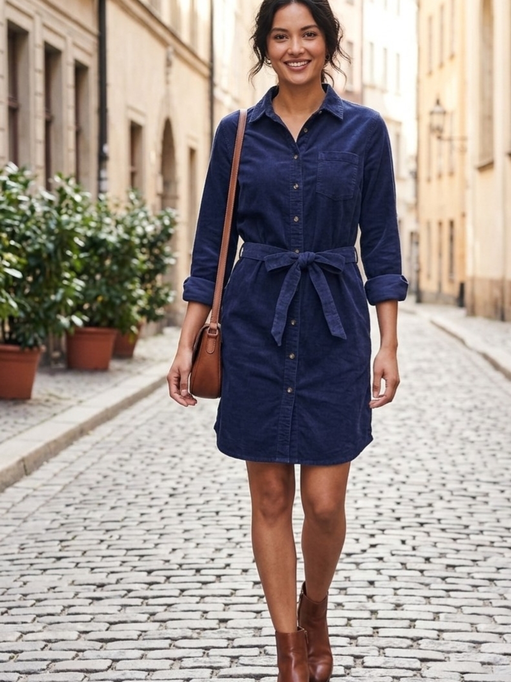Lands' End Navy Corduroy Button-Front Shirt Dress with Tie Waist Medium NWOT